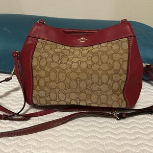 Coach Red and Tan Signature Shoulder Bag